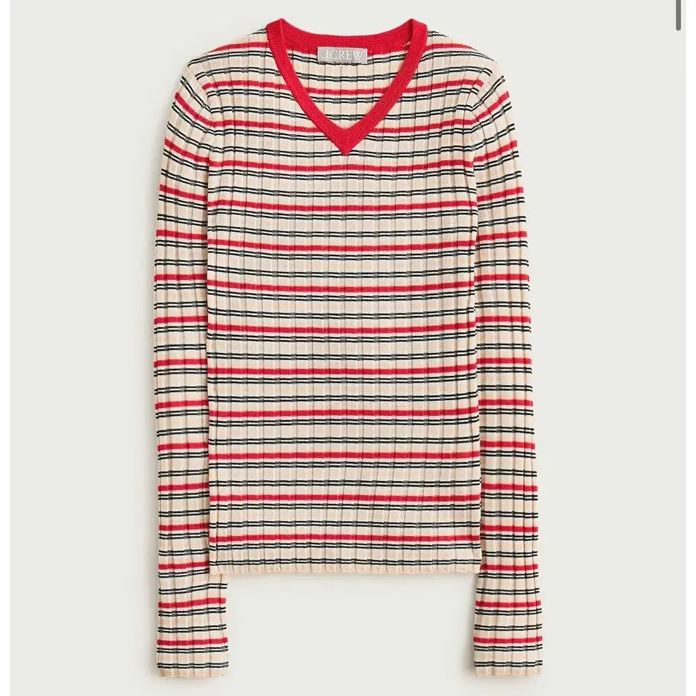 J. Crew Wide-rib high V-neck sweater striped merino wool Red Apricot NWT Small